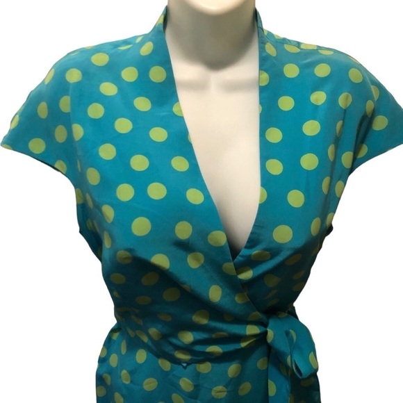VTG Spenser Jeremy Petites200% Silk Wrap Dress Sz.10 Turquoise Green Polka Dot - Picture 6 of 9